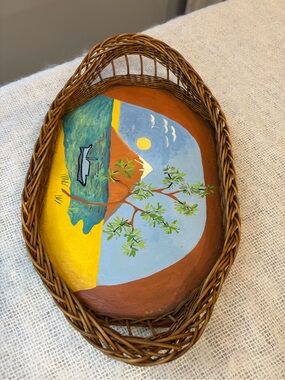 Vintage Mexican Folk Art Hand Painted scene inside basket.